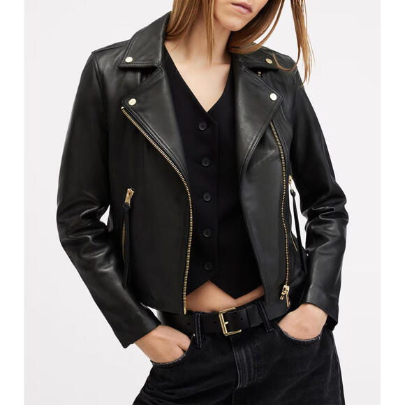 AllSaints Dalby Slim Fit Leather Biker Jacket Black/Gold - Picture 6 of 13